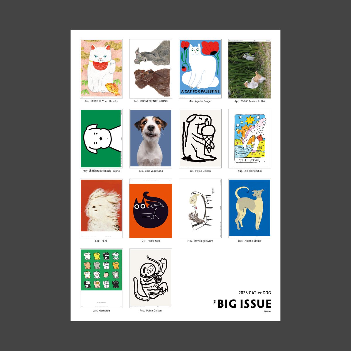 BIG_ISSUE_Japan's tweet image. 2026 貓狗曆 緊急発売決定🔥🐱🐶

『#ビッグイシュー 台湾版』発の2026年犬猫ポスターカレンダー、日本でも発売決定❤️‍🔥

12月25日（木）より、全国の路上にて発売予定🎄bigissue.jp/buy/

定価￥2,500のうち￥1,000が販売者の収入となり、クリスマスと年末年始を温かく過ごす一助となります🎅🎍