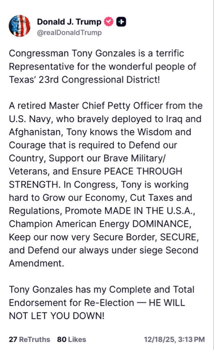 LaNativePatriot's tweet photo. I’m trying my best to understand Trump’s faults…. 

But my lord endorsing Tony Gonzales over Brandon??!?! Are you kidding me?!

I fought so hard to get that man in office, and it’s just disappointment after disappointment https://t.co/ouLhoiqrk3