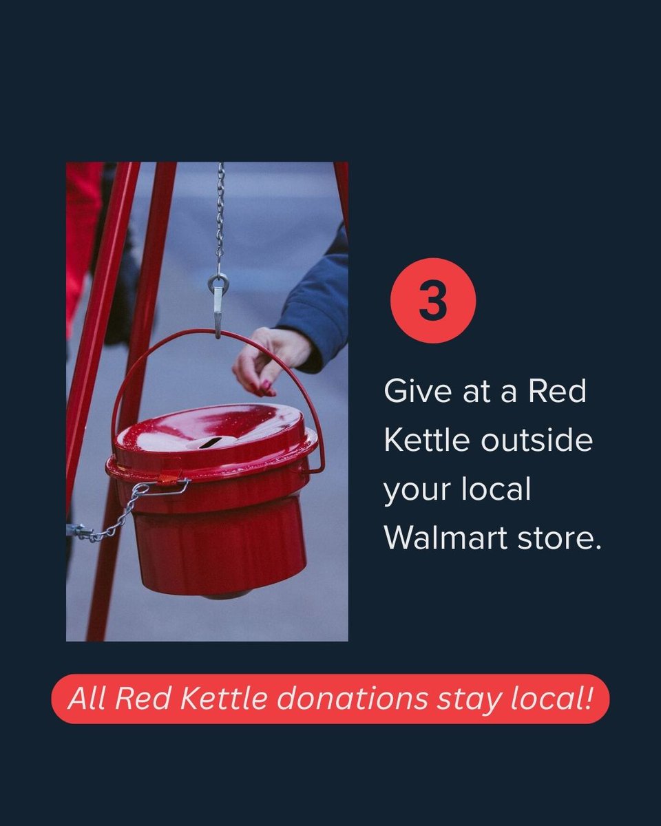 SalvationArmyUS's tweet photo. Your community needs your support this #Christmas. Here’s how you can help. ⬇️

You can donate online to support efforts to provide holiday meals, give at a #RedKettle, round up your @Walmart.com purchase to support your neighbors in need.

Join us in giving joy today.

#GivingBack