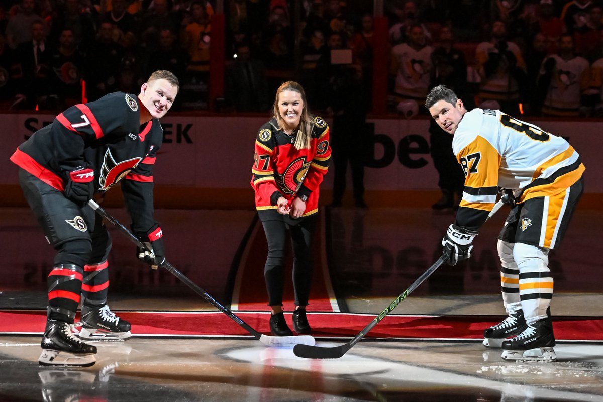 Senators's tweet photo. Now that's a star studded puck drop 🤩
Thanks to Ottawa's own @BrookeHenderson for getting the game started tonight! https://t.co/DuzyZzl2vK