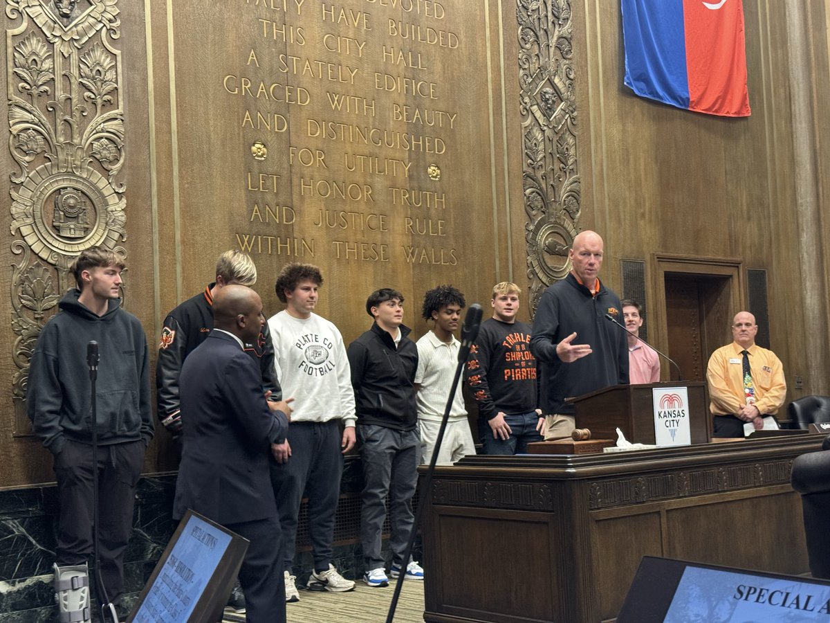 Great to welcome the back-to-back Missouri High School State Football Champions @plattecountyr3 to City Hall &amp; recognize their excellence on and off the field. Platte County students come from both Kansas City and Platte City - proud moment for our Northland community. City Hall