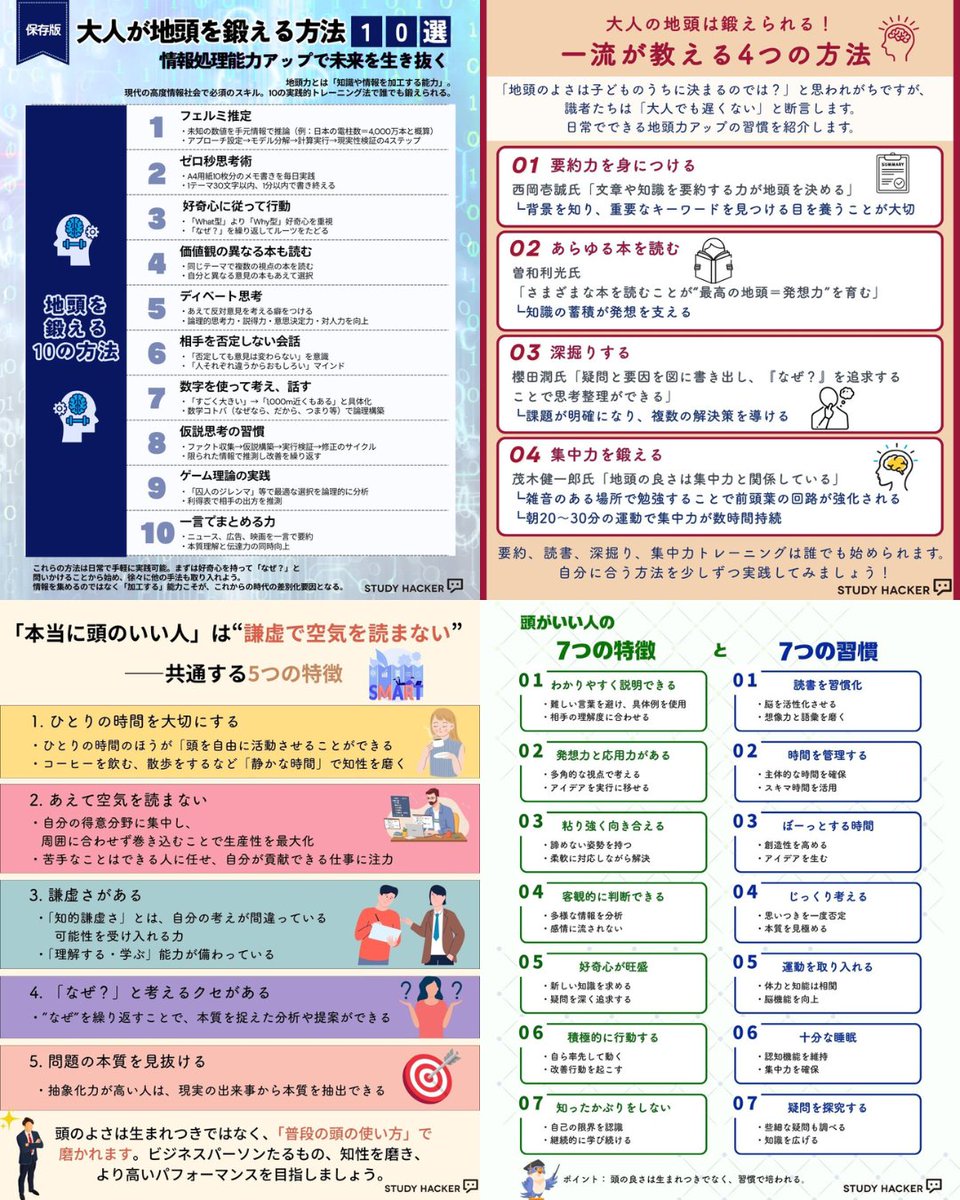 study_hacker's tweet image. ▼「地頭を鍛える」「頭がいい」投稿まとめ
studyhacker.net/adults-brightn…