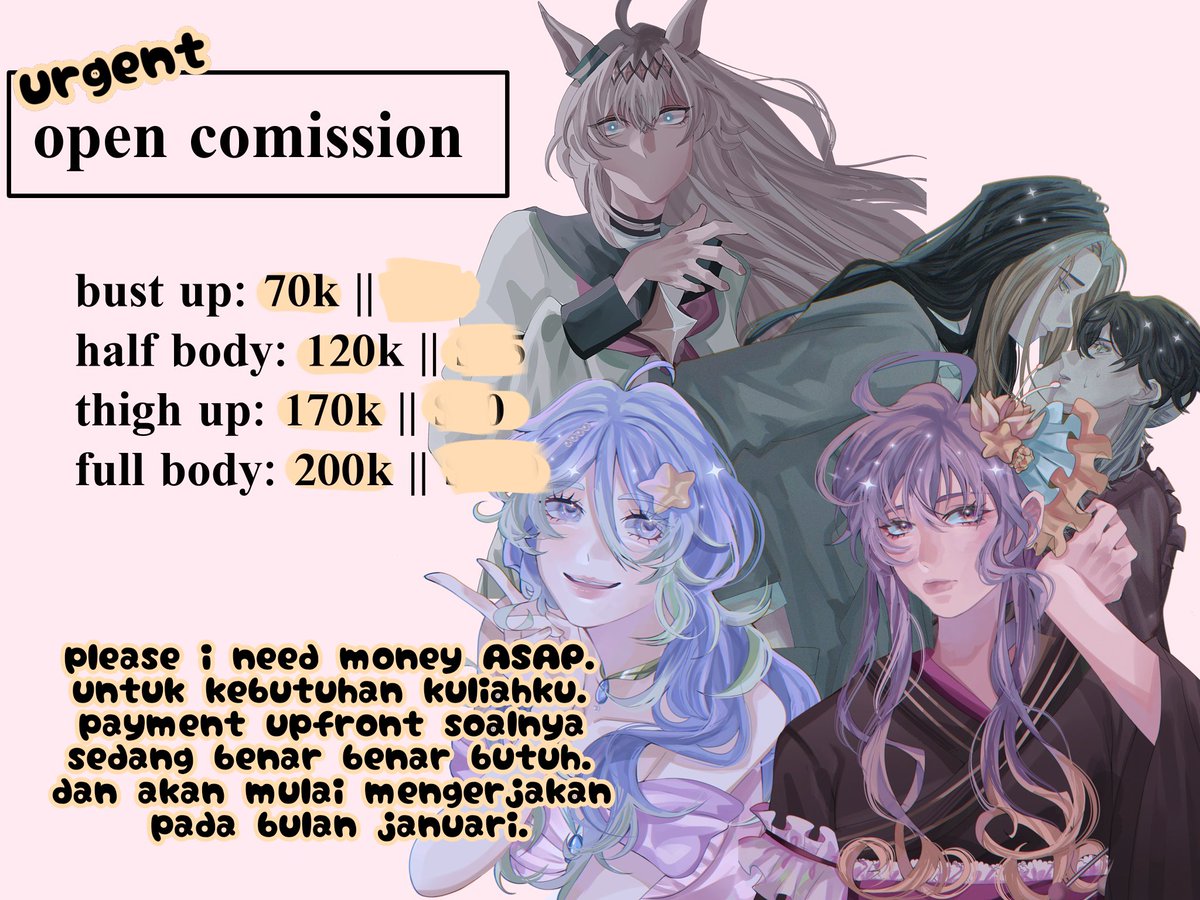 Haloo! Saya urgent comission IDR only soalnya sedang butuh butuh banget. Dan akan mulai mengerjakan pada bulam januari atau akhir bulan desember. Yang tertarik bisa langsung ketuk DM ya <3

Untuk ToS dan yes/no bisa lihat di carrd saya ya
shalenacms.carrd.co

#artidn