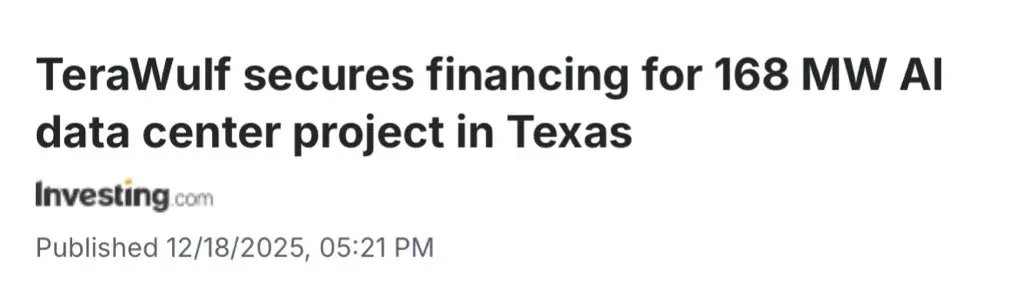 $GOOGL $CIFR | TeraWulf $WULF and Fluidstack secured project level financing for a 168MW AI and HPC JV at Abernathy, Texas, backed by investment grade credit support.     The liquid cooled site supports up to 240MW gross power, with H2 2026 commissioning and expansion optionality