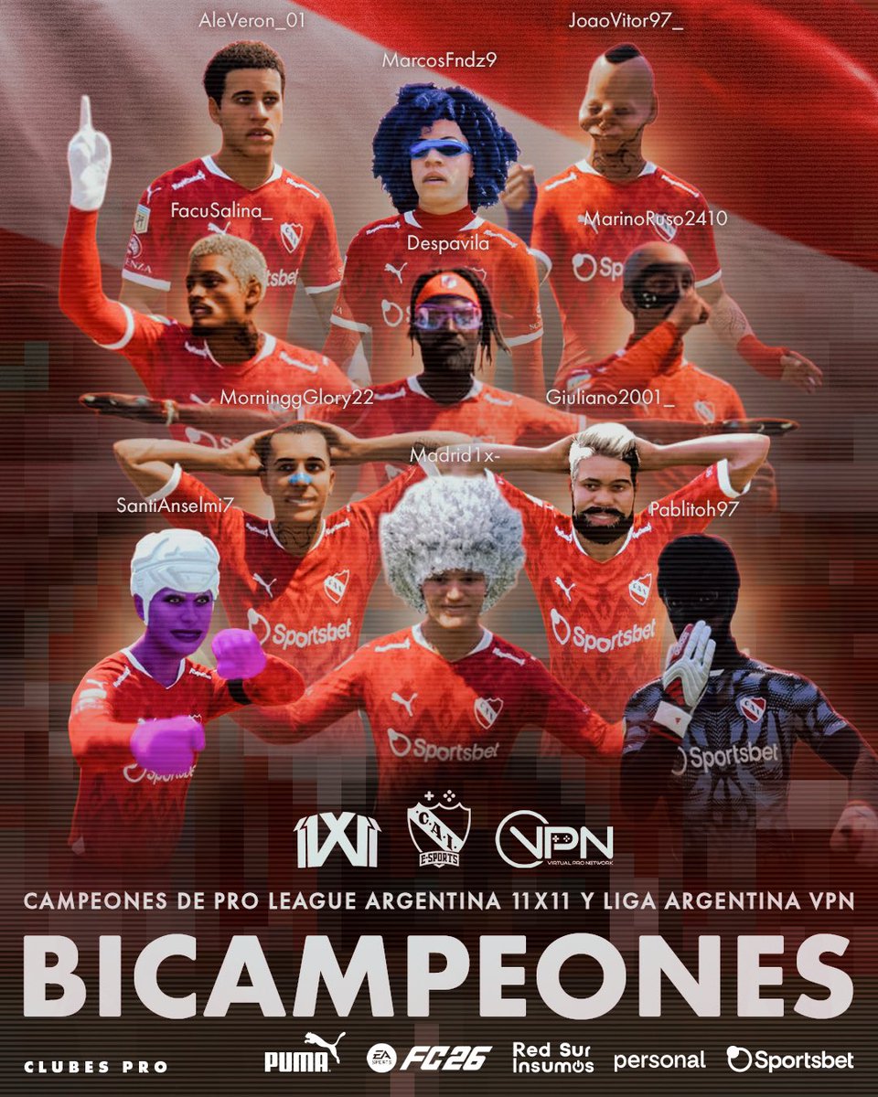¡SOMOS BICAMPEONEEEEES! 🏆

La <a href="/11x11tv/">11x11tv</a> y <a href="/vpn_argentina/">VPN Argentina</a> quedaron en casa. Coronamos en ambos torneos y somos los primeros campeones del #FC26 de la temporada en ClubesPro.

¡DALE #INDEPENDIENTE! 🇦🇹

#TodoRojo 🔴