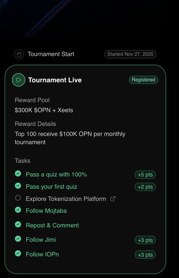 0xTunTun's tweet photo. IOPn @IOPn_io Week1 Lesson 2 已开放

答案如下：
1️⃣What is one key benefit of OPN Chain's instant finality?
Transactions are confirmed and irreversible almost immediately

2️⃣Which SDK is OPN Chain built on?
Cosmos SDK

3️⃣How long does transaction finality take on OPN Chain?
Less than 1 second

4️⃣What consensus mechanism does OPN Chain use?
BFT

5️⃣How many transactions per second can OPN Chain process?
10,000+ TPS

6️⃣What does EVM-compatible mean for developers?
They can use Ethereum tools and Solidity

7️⃣Which IOPn product provides identity at the protocol level on OPN Chain?
Neo ID

8️⃣What popular programming language can developers use to build on OPN Chain?
Solidity

9️⃣What type of applications is OPN Chain designed for?
Both digital and physical applications

1️⃣0️⃣What type of blockchain is OPN Chain?
Layer-1 blockchain

完成答题的记得去xeet注册一下钱包，并领取分数