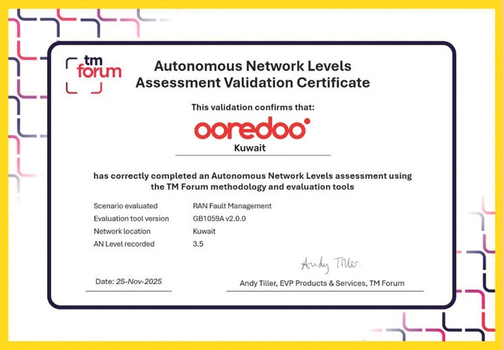 «Ooredoo الكويت» تقود التحول إلى الشبكات الذاتية من المستوى الرابع - ترسخ معياراً عالمياً للاتصالات الذكية والمستدامة بحصدها اعترافاً من قبل المنتدى الدولي للاتصالات TM Forum 