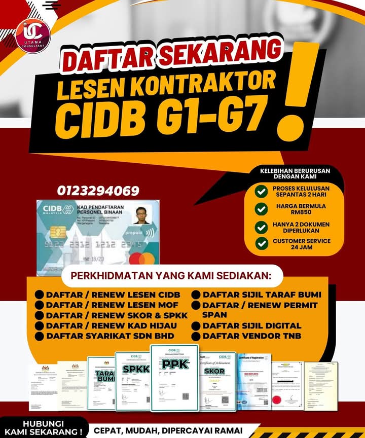Anda seorang Kontraktor?

Nak daftar lesen CIDB untuk join tender 🚀
Kami sedia bantu uruskan pendaftaran &amp; pembaharuan lesen dengan mudah, cepat &amp; selamat ✅

✨ Jangan risau, semua proses kami uruskan dari A–Z.

📞 Klik sini untuk daftar sekarang:
👉 wasap.my/60179926069/Le…