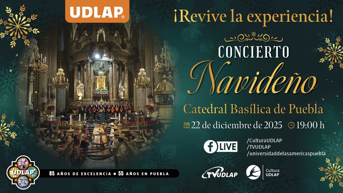 La señal de @TVUDLAP nos permitirá revivir el Concierto Navideño en la Catedral Basílica de Puebla a través de Facebook Live.

¡Conéctate!
🗓️ 22 de diciembre | 🕖 19:00 h

<a href="/Arqui_Puebla/">Arquidiócesis Puebla</a> <a href="/IMACP/">Instituto Municipal de Arte y Cultura de Puebla</a>