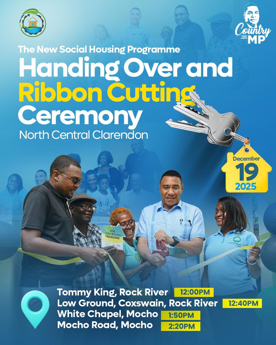 NestaJA's tweet image. Through the New Social Housing Programme (NSHP), improved housing solutions continue to be delivered in North Central Clarendon.

Join Prime Minister Holness and myself for the Handing Over and Ribbon Cutting Ceremony as new homes are officially presented in Rock River and Mocho.…