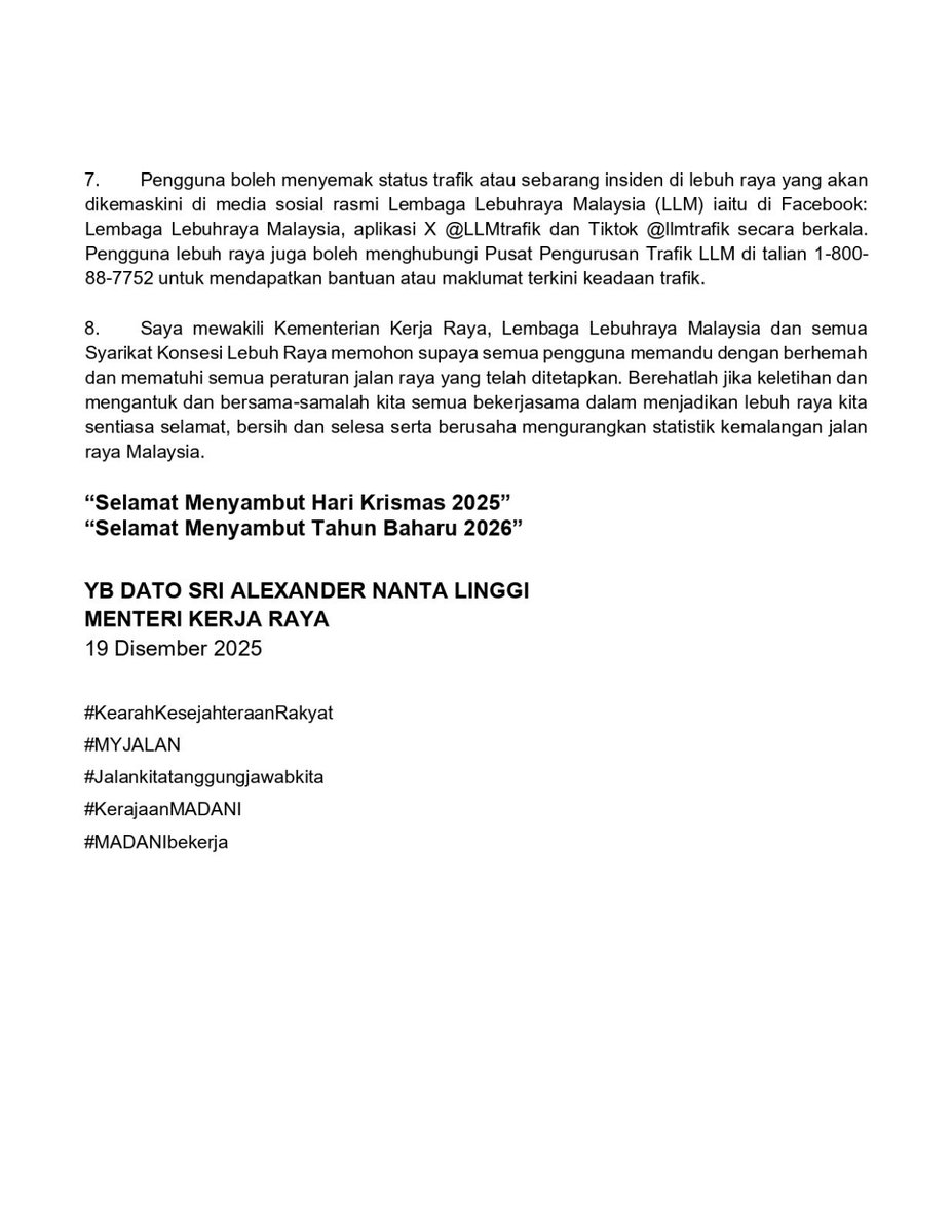 KENYATAAN MEDIA PEMBERIAN DISKAUN TOL 50% SEMPENA PERAYAAN HARI KRISMAS