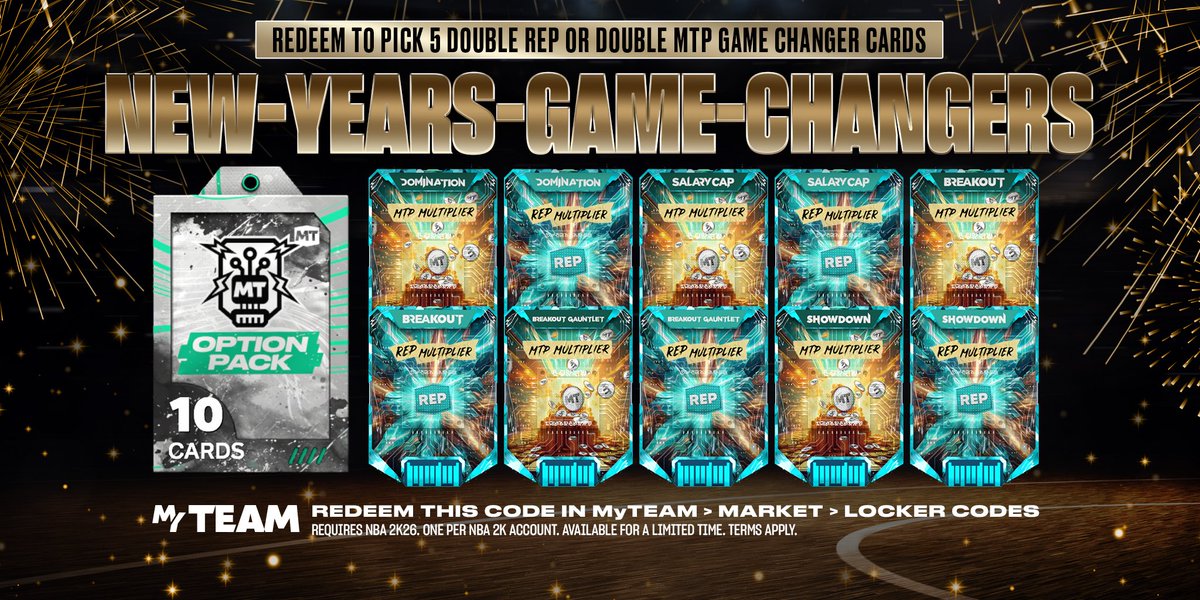 NBA2KMyTEAM's tweet image. 🎆 Kick off 2026 with a special Locker Code in MyTEAM! 🎆

Redeem NEW-YEARS-GAME-CHANGERS

Pick 5 Game Changer Cards with Double REP or Double MTP. Activate them in your lineup to 2x your earn and start the year strong 💪🏀
Hurry!! The code expires January 9th ⌛️✨