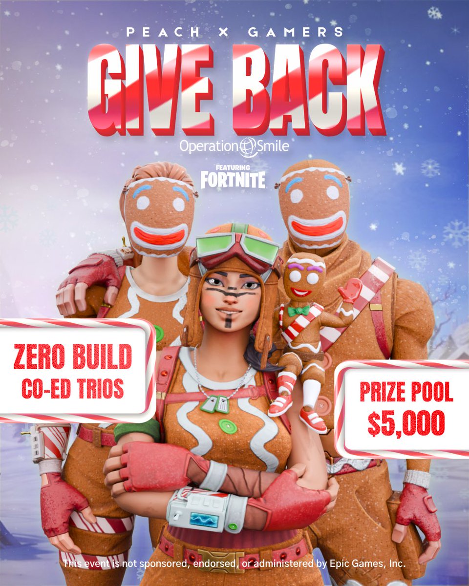 🎄$5,000 Gamers Give Back 2️⃣🎄

Trio Zero Build CO-ED with <a href="/operationsmile/">Operation Smile</a> ❤️ 

🗓️ December 27th @ 5 PM EST
😊 1 Girl | 2 Guys per team

Still have over half the captain spots to hand out!

If you are still interested in a captain spot;

- Like &amp; RT this post
- Follow