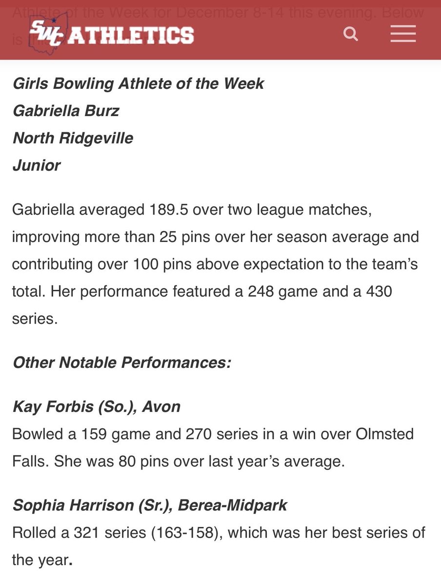 Congrats to Kay Forbis for her Notable Performance nod in the SWC last week!

Eagle Pride!! 🦅🎳