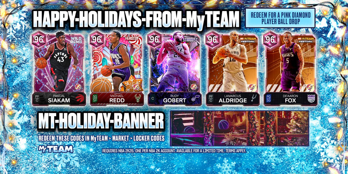 NBA2KMyTEAM's tweet image. The real gifts are in MyTEAM!🎄🎁
Enter HAPPY-HOLIDAYS-FROM-MyTEAM for a PD Ball Drop featuring:
☄️ De’Aaron Fox
☄️ LaMarcus Aldridge
☄️ Michael Redd
☄️ Pascal Siakam
☄️ Rudy Gobert

Plus, use locker code MT-HOLIDAY-BANNER to unlock a festive player banner and show off your…