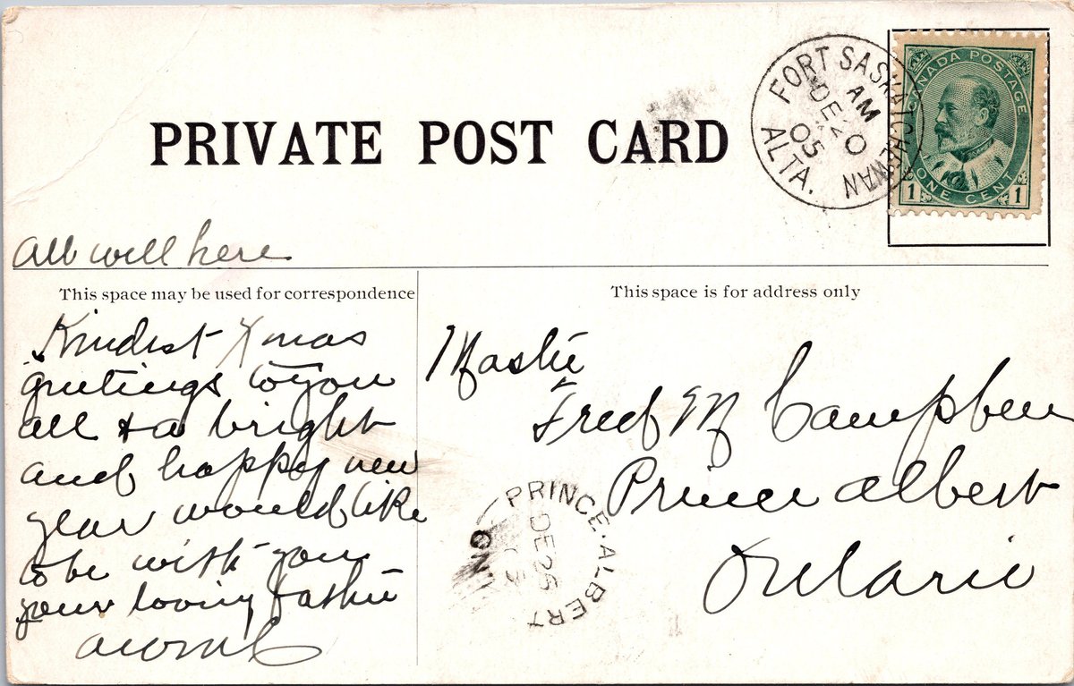 "Fort Saskatchewan, Alta. Ice Breaking in Spring" by A.M. Sutherland, posted there on 20 December 1905 to Prince Albert, Ontario County, Ontario, where it arrived 120 years ago this day, on 26 December 1905. This type of scene is still a long, long way off.