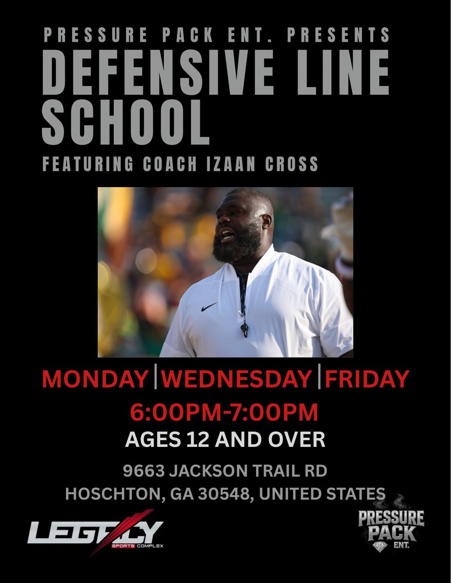 PressPackent's tweet photo. PRESSURE PACK ENT. x LEGACY SPORTS COMPLEX 🤝

Defensive Line School officially begins Jan 5 at Legacy Sports Complex (Hoschton, GA).

📅 Mon | Wed | Fri
⏰ 6–7 PM

Elite DL fundamentals. Pass rush. Block disruption. Football IQ.

DL, LB &amp; competitive athletes welcome. https://t.co/HVlJrxHm2v