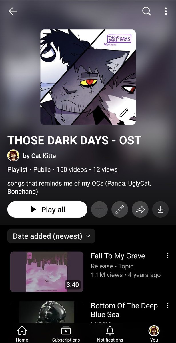 fuck Spotify and their changes to premium. 🖕🙂 I'm moving all my music to Youtube

anyway here's a playlist for my OCs if you're ever curious what songs I listen to or has inspired my art. it can also be accessed in Youtube Music

youtube.com/playlist?list=…