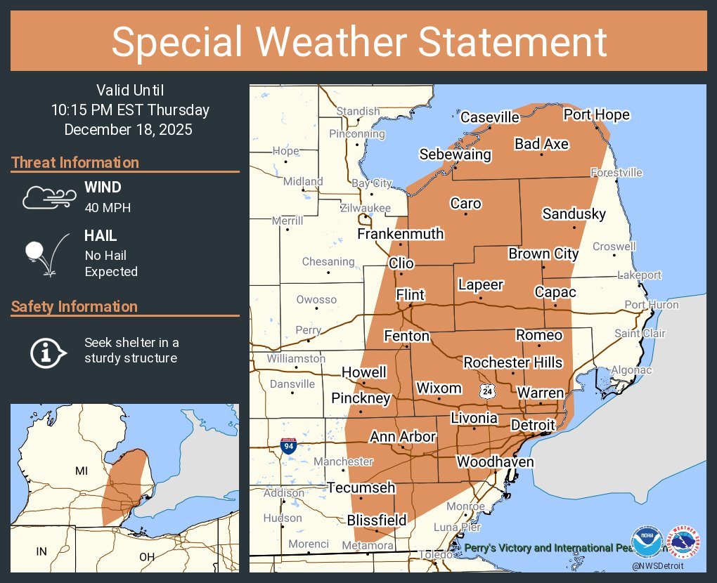 A special weather statement has been issued for Detroit MI, Warren MI and  Sterling Heights MI until 10:15 PM EST