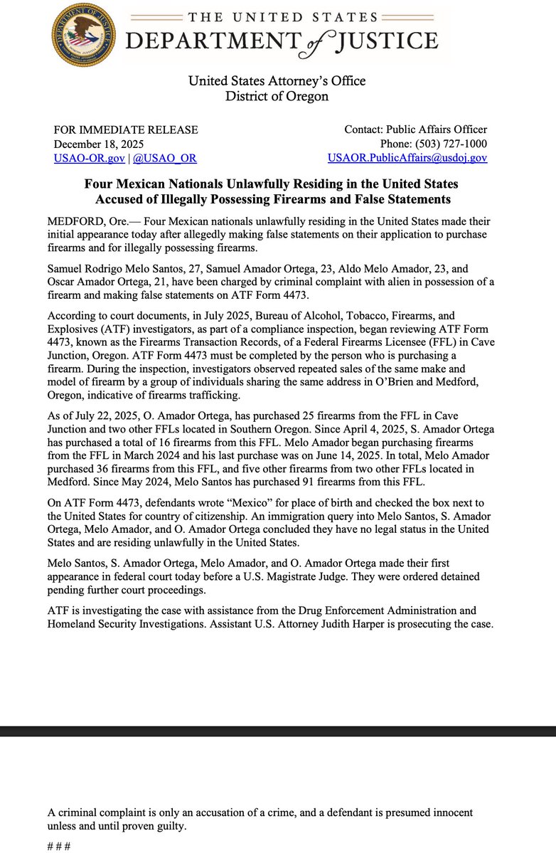 Four illegal Mexican nationals living in Oregon have been federally charged for allegedly repeatedly lying on firearm purchase forms that they were U.S. citizens. The group had stockpiled at least 173 firearms.

Those charged: Samuel Rodrigo Melo Santos, 27, Samuel Amador Ortega,