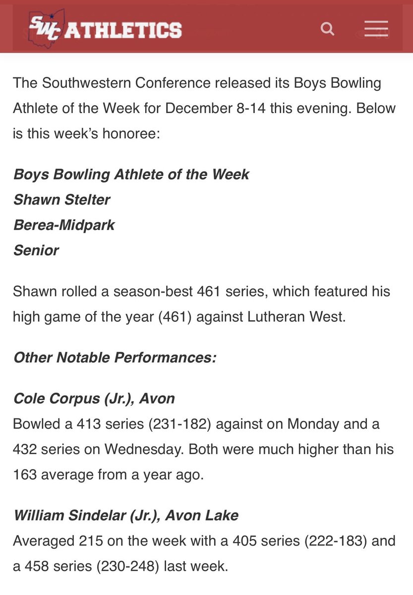 Adding to the Chronicle, Cole Corpus received recognition in the SWC, too!  What a week!!  🦅🎳