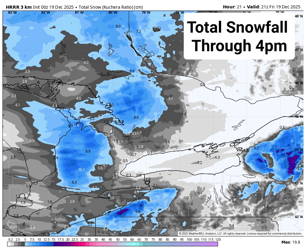 Tomorrow's PM commute across the snowbelts will likely be a dicey one

Lake Effect Snow will be in full swing with winds gusting 70+km/hr

Blowing/ drifting snow will be a big issue with temps well below freezing

5-10cm of powdery snow on the ground by then to blow around

#OnWX