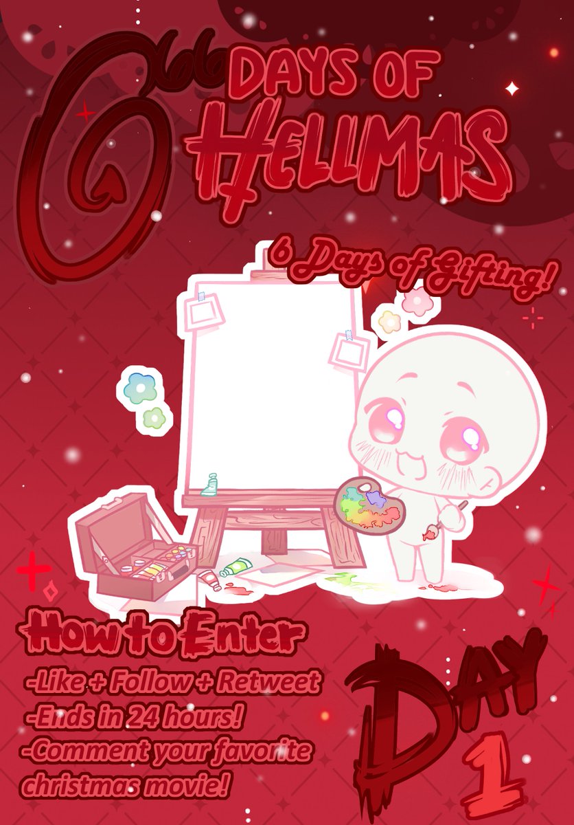 *ੈ✩‧₊6 DAYS OF HELLMAS!! ‧͙*ੈ✩‧₊

 DAY 1: Artist YCH-Each day for the next 6 days I’ll be giving away 1 ych as a way to give back to my community 🖤❤️

How to enter:
🎄-Follow, Like + RT 
🎄-Ends in 24 hours
🎄-Comment your favorite Christmas movie