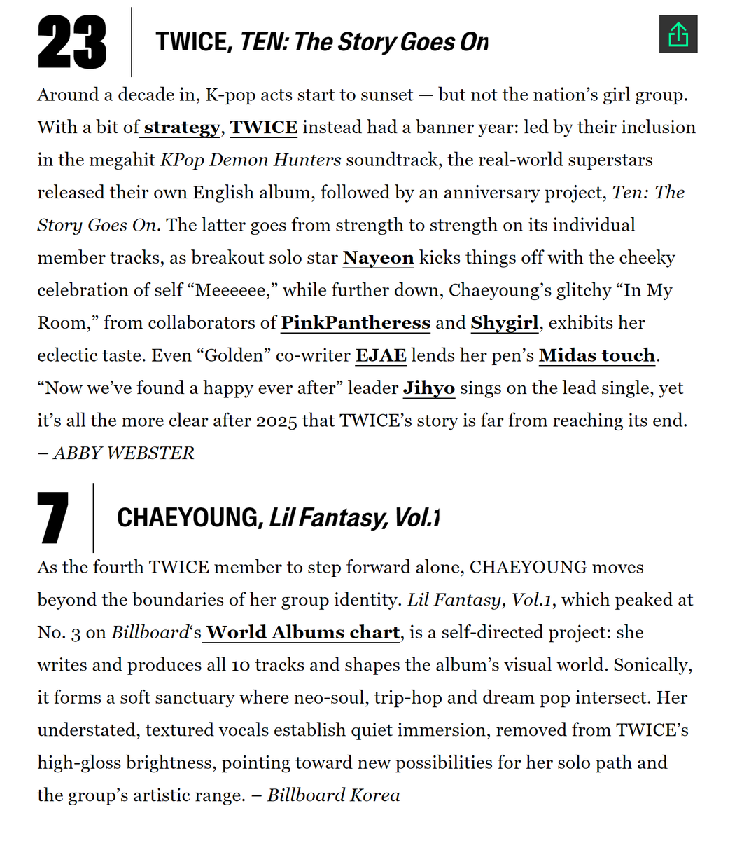 TWICE's 'TEN: The Story Goes On' and CHAEYOUNG's 'LIL FANTASY vol.1' were named two of the best K-pop albums of 2025 by Billboard.
