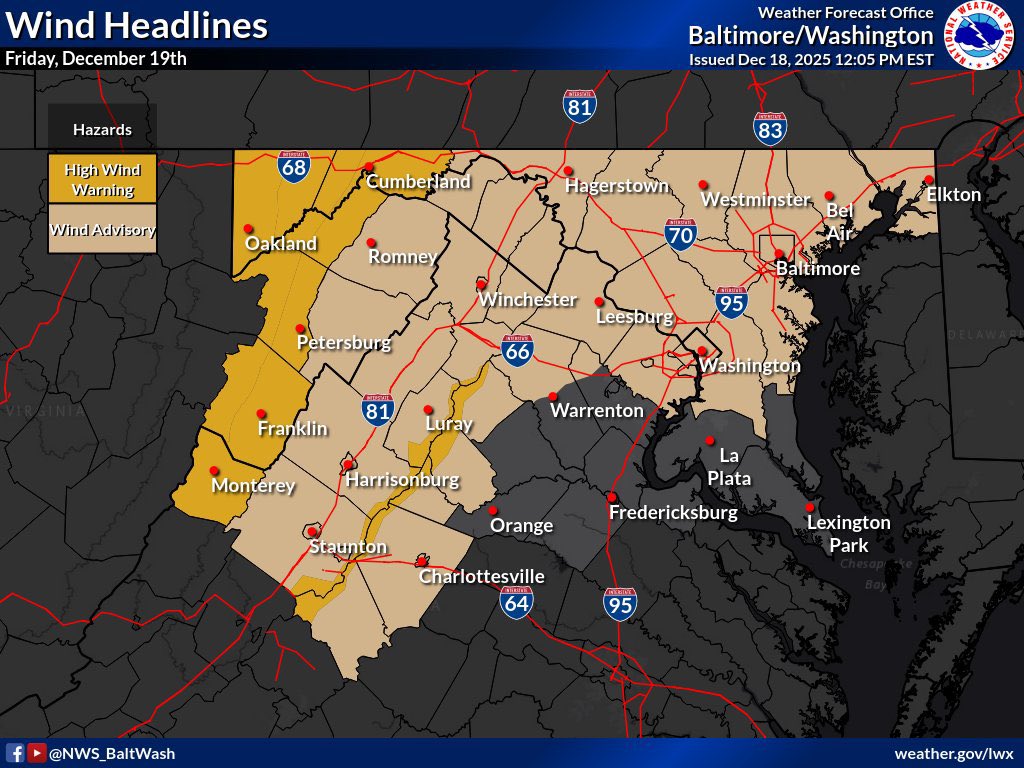 WashingtonianWx's tweet image. Very strong to damaging winds are expected tomorrow across a huge chunk of the region tomorrow afternoon.

Wind Advisories in effect from 12PM-7PM for wind gusts up to 55mph.

The strongest winds will be along the mountains where High Wind Warnings are in effect from 6AM-10PM for…