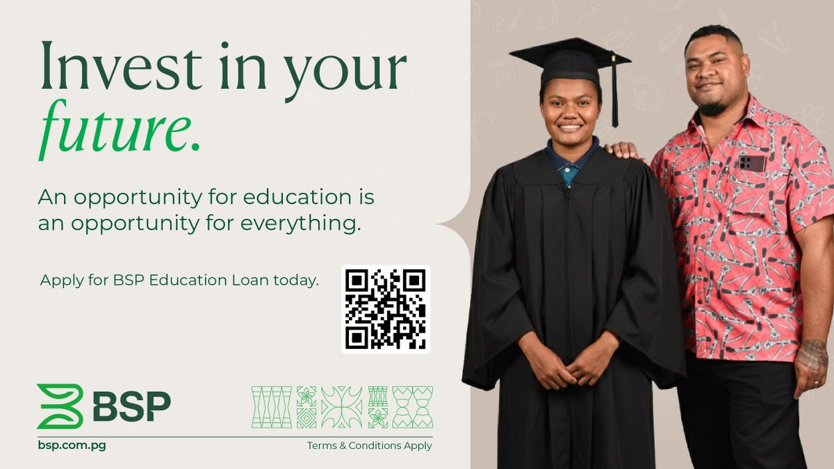 BSP PNG | Education is the path to growth. With BSP, you can secure the support you need to achieve your dreams. More borrowing power and rates that respect your ambition. 

Learn. Grow. Prosper. Start your journey today.
More details on our Education Loan ow.ly/GRAU50XAylH