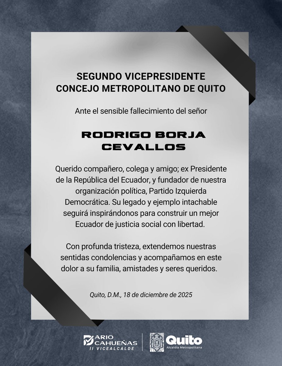 El legado del Dr. Rodrigo Borja permanecerá en siempre en nuestros corazones.🖤

Su ejemplo de ética política,servicio y compromiso con la democracia continuará siendo nuestra motivación para lograr el Ecuador de justicia social, libertad y de defensa irrestricta a la dignidad.