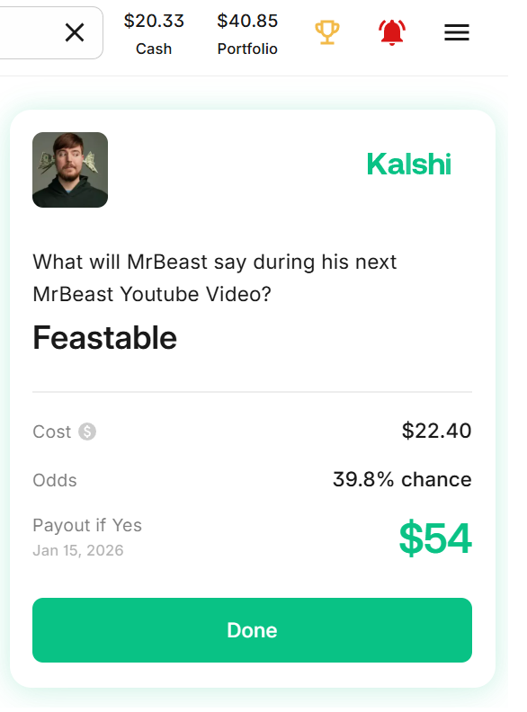 Turning my $42 to $1,000 with <a href="/Kalshi/">Kalshi</a> <a href="/KalshiEco/">Prediction Market News</a> 

🎯@mrbeast will probably upload a Christmas content
🎯Chrismtmas = Gifts = Chocolates = Feastable