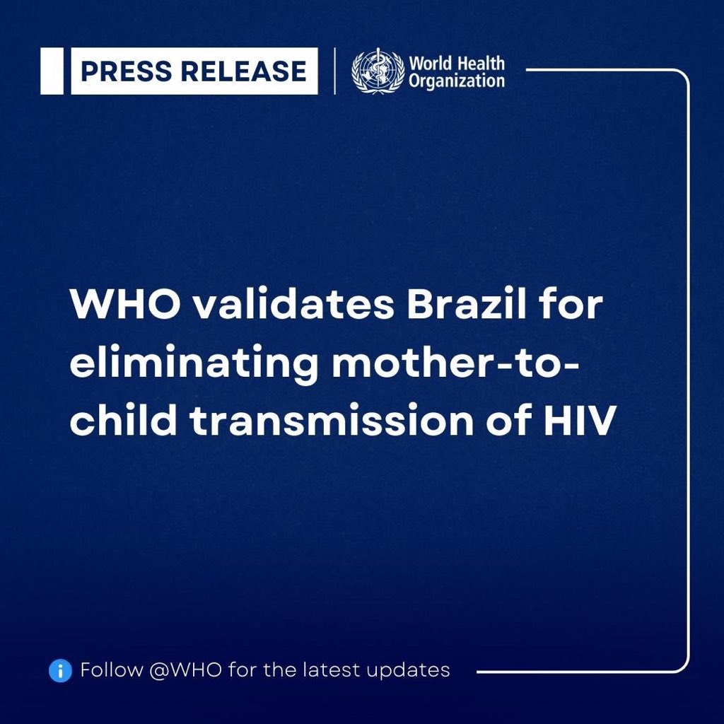 Congratulations to #Brazil on becoming the first country in South America – and largest globally – to eliminate mother-to-child transmission of HIV. This achievement shows that elimination is possible with timely diagnosis, appropriate treatment, and access to maternal health