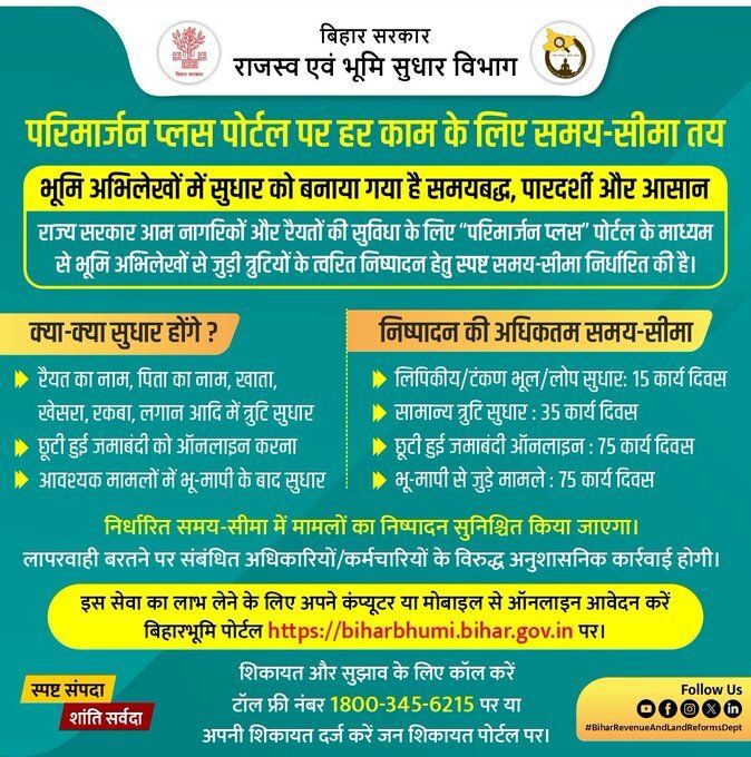 Dist_Gopalganj's tweet image. राजस्व एवं भूमि सुधार विभाग द्वारा परिमार्जन प्लस पोर्टल पर हर काम के लिए समय-सीमा तय कर दी गई है।

@NitishKumar
 
@VijayKrSinhaBih
 
@IPRDBihar

#ParimarjanPlus
#Portal
#TimeLimit
#LandSurvey
#BiharBhumi
#BiharRevenueAndLandReformsDept