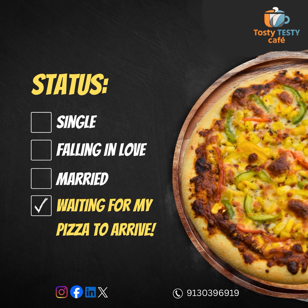 tostytestycafe's tweet image. ✔️ Waiting for my pizza to arrive! 🍕😋
Because true love comes topped with cheese and happiness.
#PizzaLove #WaitingForPizza #FoodStatus #CheeseCravings #PizzaTime #TostyTestyCafe #FoodieMood #CafeVibes #PizzaObsessed #HappinessServed 🍕✨