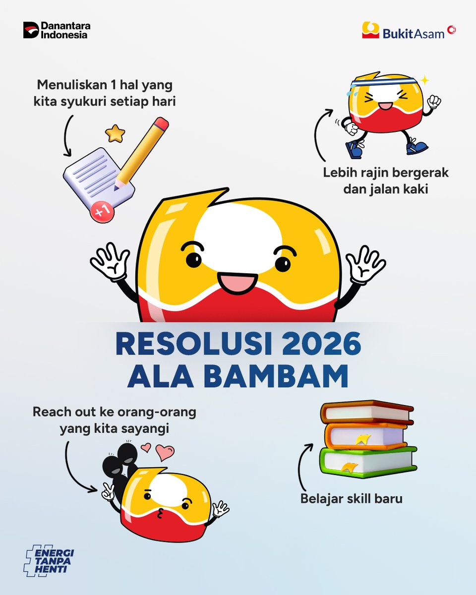 BukitAsamPTBA's tweet image. TemanKita ada yang suka nyusun resolusi buat tahun baru? 🗓️

Bambam punya beberapa ide untuk inspirasi menyusun resolusi agar tahun 2026 bisa jadi tahun di mana kita menjadi lebih baik! 🥳

#BukitAsam #EnergiTanpaHenti
