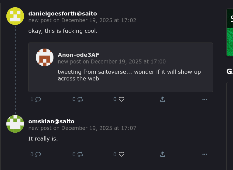 Chatting with Saitozen Dan peer to peer on Saito while the federated messages roll in from RedSquare instances...

Enjoying this.