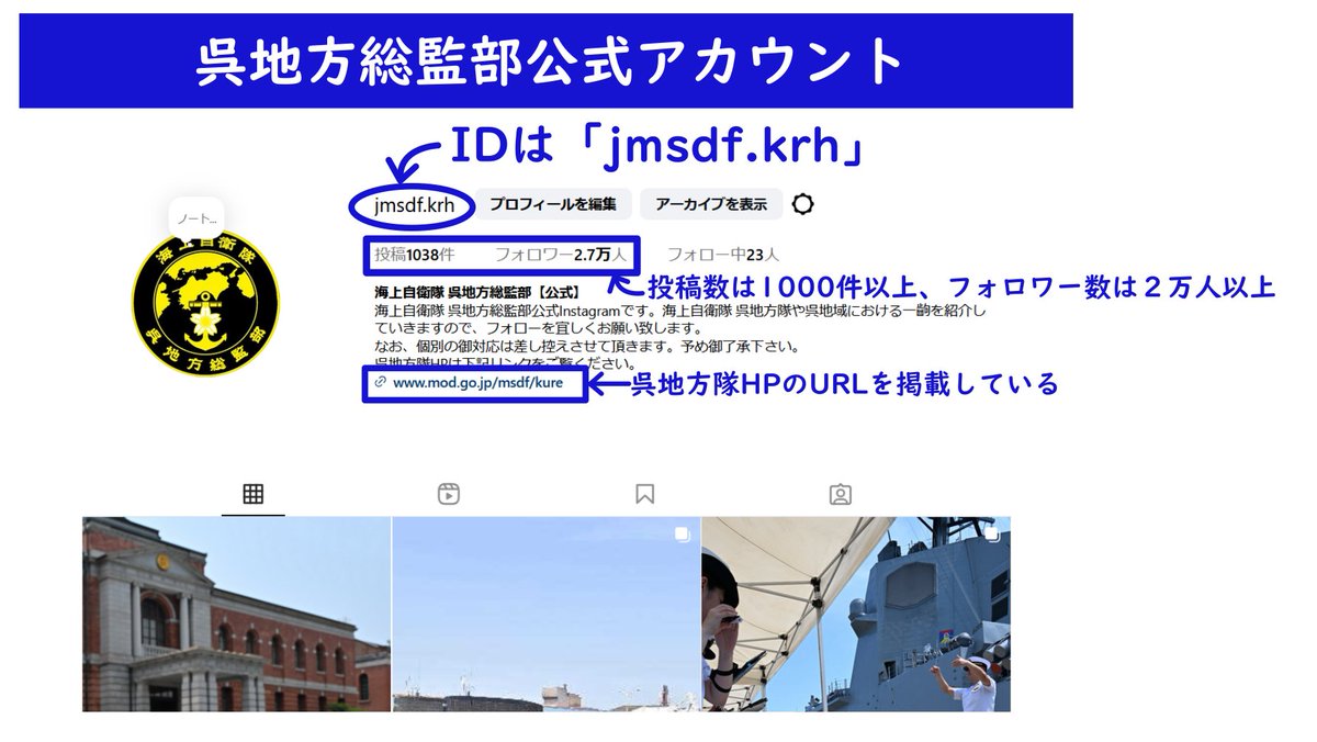 呉地方総監部から注意喚起~ 呉監公式ｲﾝｽﾀｸﾞﾗﾑの偽ｱｶｳﾝﾄが確認されまし