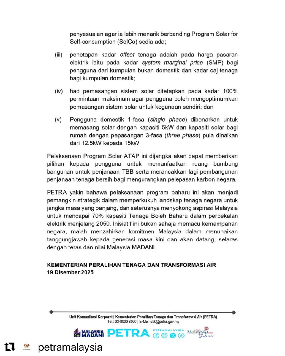 #Repost <a href="/PETRAMalaysia/">Kementerian Peralihan Tenaga dan Transformasi Air</a> 
・・・
[Siaran Media]

𝘚𝘖𝘓𝘈𝘙 𝘈𝘊𝘊𝘌𝘓𝘌𝘙𝘈𝘛𝘌𝘋 𝘛𝘙𝘈𝘕𝘚𝘐𝘛𝘐𝘖𝘕 𝘈𝘊𝘛𝘐𝘖𝘕 𝘗𝘙𝘖𝘎𝘙𝘈𝘔𝘔𝘌 (SOLAR ATAP): INISIATIF PENJANAAN SOLAR DI BUMBUNG BANGUNAN BERMULA 1 JANUARI 2026

#PETRA
#EkonomiMADANI
#MalaysiaMadani
#MADANIBekerja