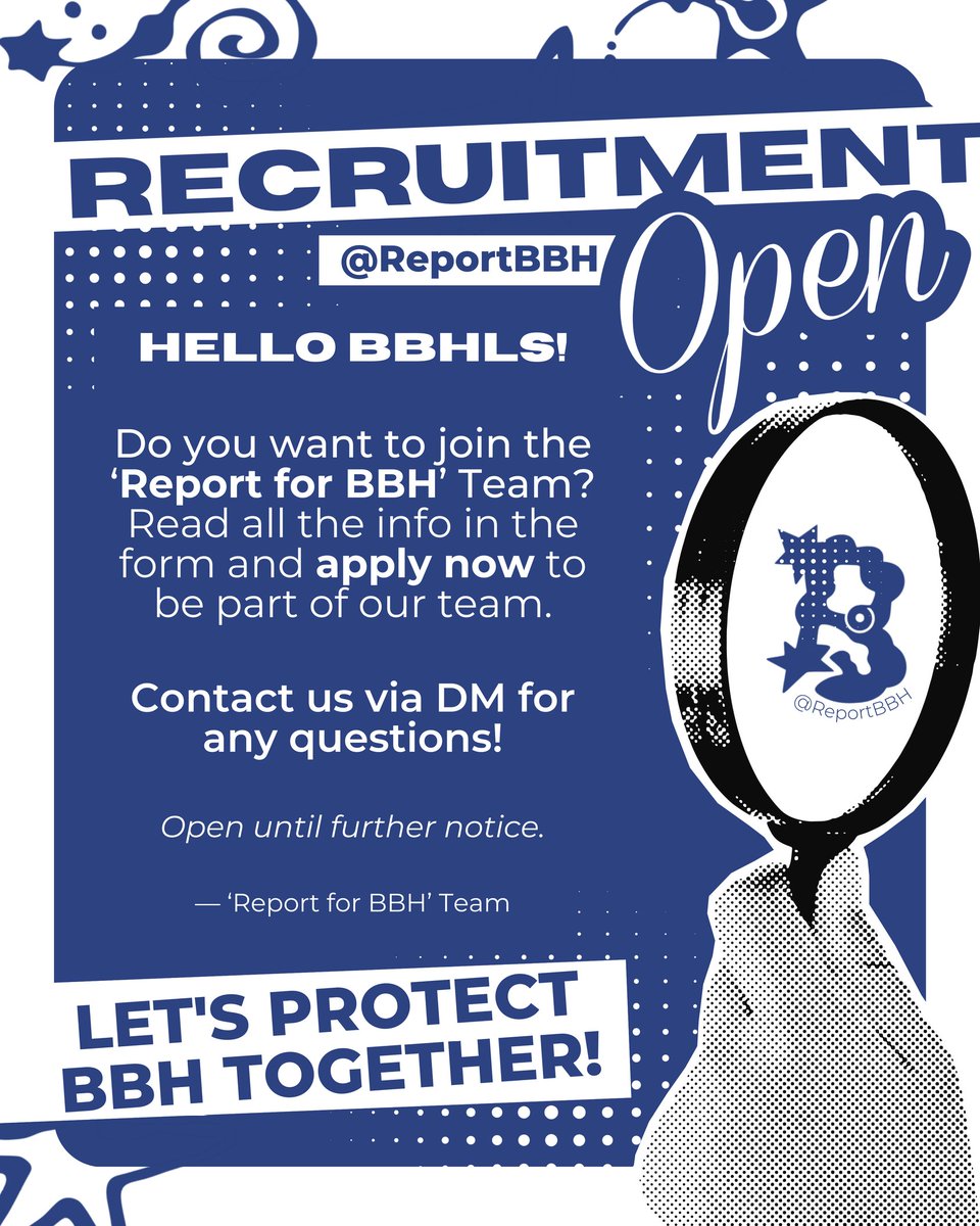 📢 𝗥𝗘𝗖𝗥𝗨𝗜𝗧𝗠𝗘𝗡𝗧 𝗢𝗣𝗘𝗡 
— @ ReportBBH

Apply here:
📝 tinyurl.com/reportbbh