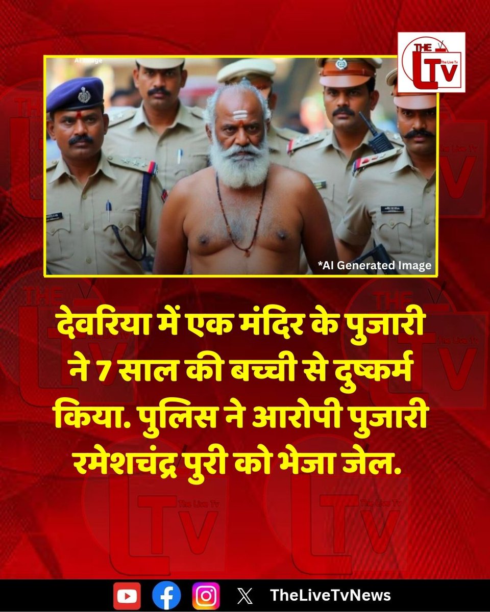 thelivetvnews's tweet photo. देवरिया में एक मंदिर के पुजारी ने 7 साल की बच्ची से दुष्कर्म किया. पुलिस ने आरोपी पुजारी रमेशचंद्र पुरी को भेजा जेल.
#Devariya https://t.co/oMqaWy7OiK