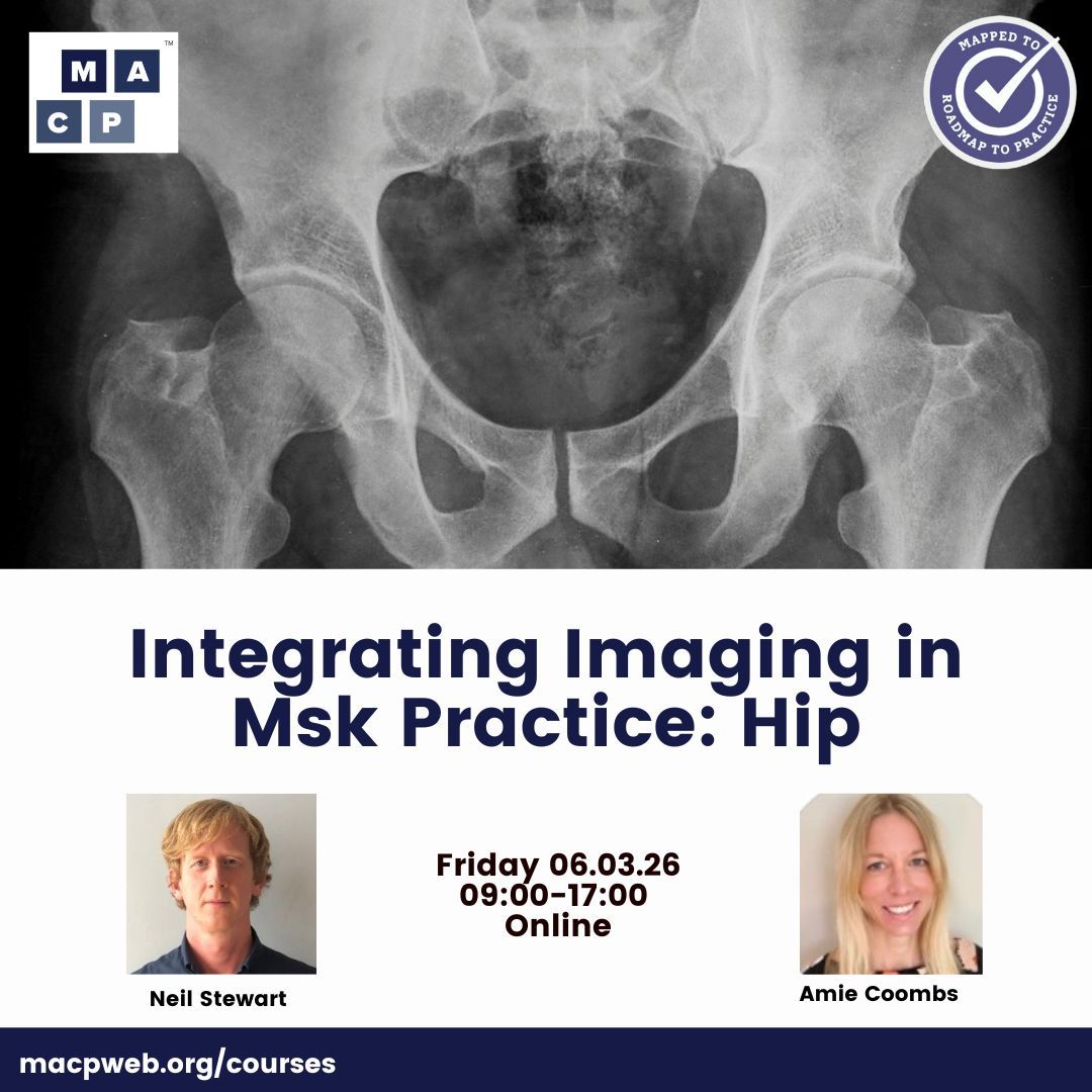 PhysioMACP's tweet image. Struggling with hip pain management?

Join experts @Amiecoombs2 and @neilstewart101 to enhance your skills in interpreting hip imaging and boost your clinical reasoning. 

Reserve your spot now! 👇
 macpweb.org/events/calenda… 
#HipCare #ClinicalSkills