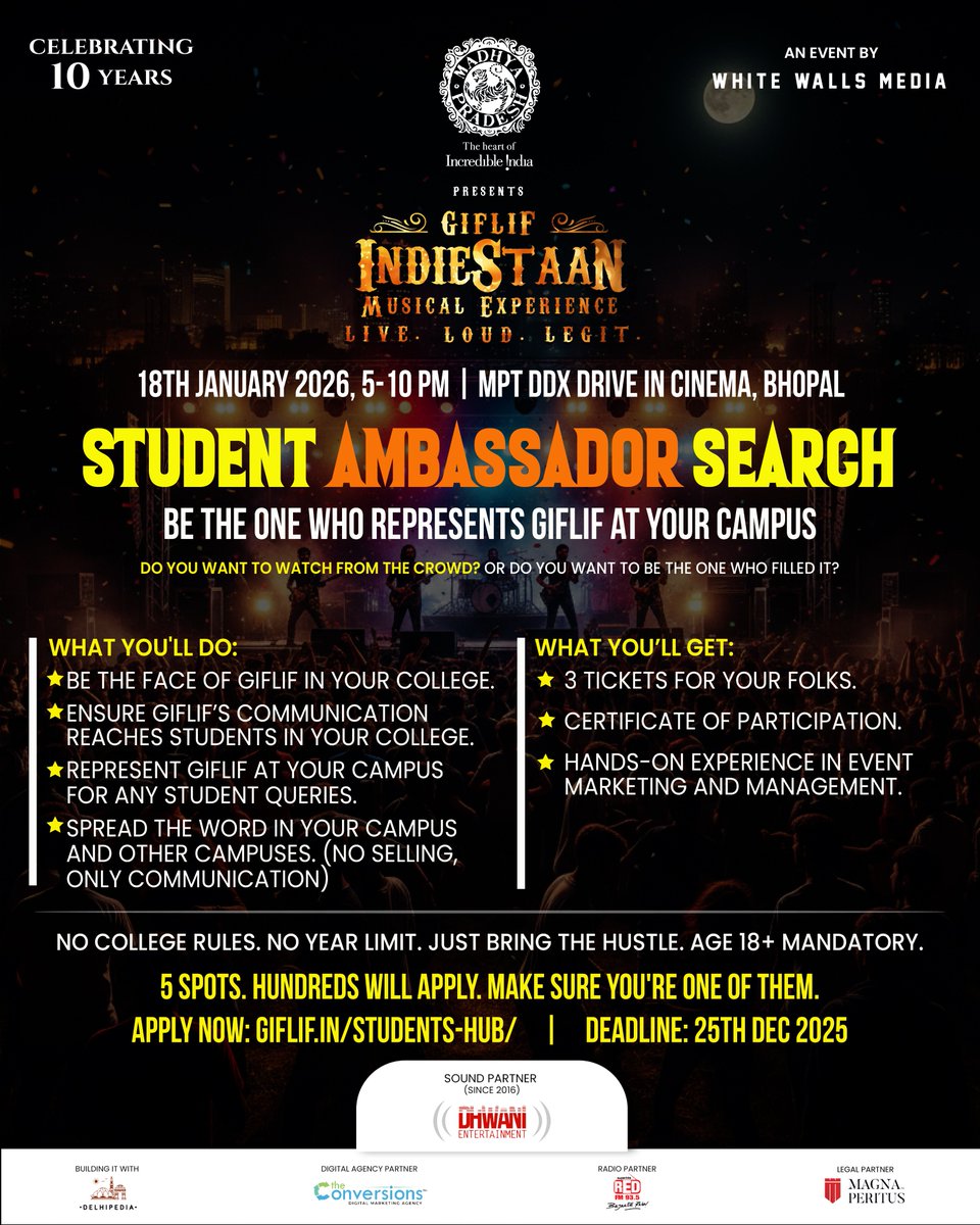 Bhopal students, this one’s for you!Become a GIFLIF IndieStaan 2026 Student Ambassador
 Bloodywood LIVE (1st time in Bhopal)
 Free tickets + certificate
 Apply by 25 Dec
 giflif.in/students-hub/
LIVE.LOUD. LEGIT.
#GIFLIFIndieStaan #Bhopal #StudentAmbassador #Bloodywood