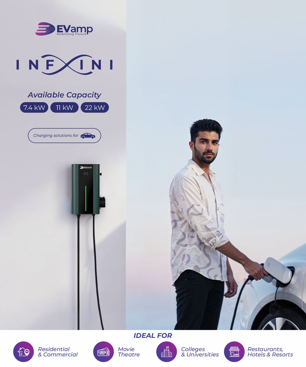 Smart. Stylish. Powerful.

The EVamp INFINI brings reliable EV charging to homes, workplaces, campuses, and commercial spaces.

#EVamp #SmartCharging #EVInfrastructure #EVMobility #ElectricVehicles