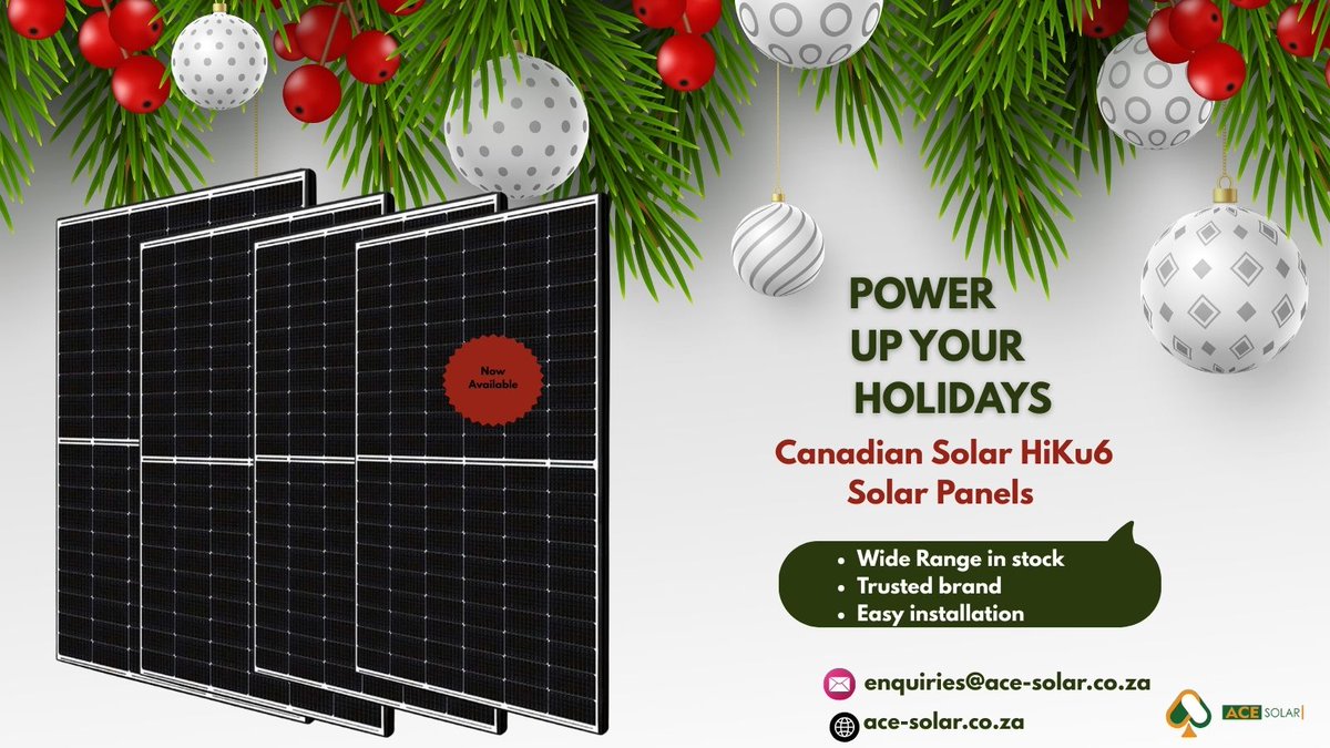 ace_solar1's tweet photo. Power your home this holiday season with Canadian Solar HiKu6 Solar Panels! 🎄

👉 See our stock here: https://t.co/6bBhnNHP2s

#AceSolar #SolarSouthAfrica #LoadShedding #CanadianSolar #HiKu6 #SolarPanelsJoburg https://t.co/L47CEqpjcY