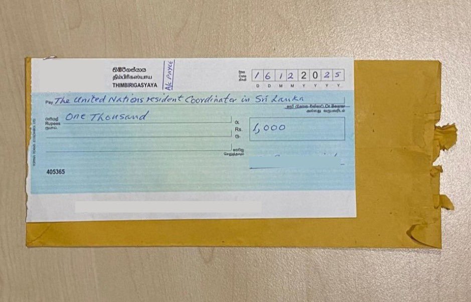 MAFrancheUN's tweet photo. I received this contribution from a private citizen for relief to victims #CycloneDitwah I remain in awe of the extraordinary solidarity between Sri Lankans.  Sri Lanka 🇱🇰 shines on times of crisis &amp; @UNSriLanka &amp; the international community is here to accompany &amp; stand together https://t.co/nh6FhS52RP
