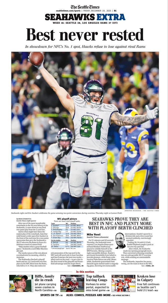 “Best never rested” / That had to be one of the coolest Seahawks wins ever, crazy! Hawks net a pair of 2-pt conversions and beat Rams in OT for NFC’s top spot. Here’s the Seattle Times Seahawks Extra cover. <a href="/SeaTimesSports/">Seattle Times Sports</a> <a href="/bcondotta/">Bob Condotta</a> <a href="/mikevorel/">Mike Vorel</a> 🗞️