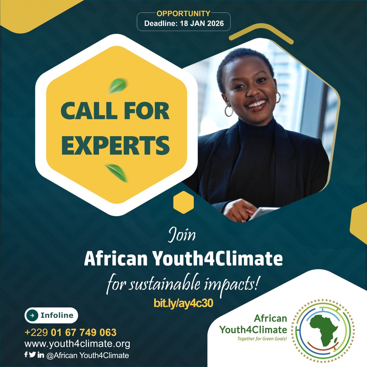 Call for Experts 
African Youth4Climate invites qualified young experts to join its Experts Roster 2026 in environment, policy, communication and management.
Contribute to structured, impact-oriented sustainability initiatives.
🗓Appl by 9 January.
🔗bit.ly/ay4c30 #AY4C
