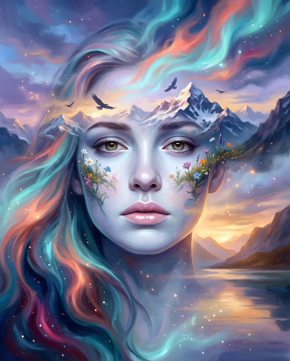 Benny_Lava_007's tweet photo. " Aurora in Her Veins "

Her thoughts wear mountains like a crown and aurora like hair. Wildflowers bloom on her cheeks, birds orbit her silence. Every breath redraws the horizon - proof that wonder can be a home.

#NARIVision #SurrealArt #AIArt https://t.co/VGjMrF13L7