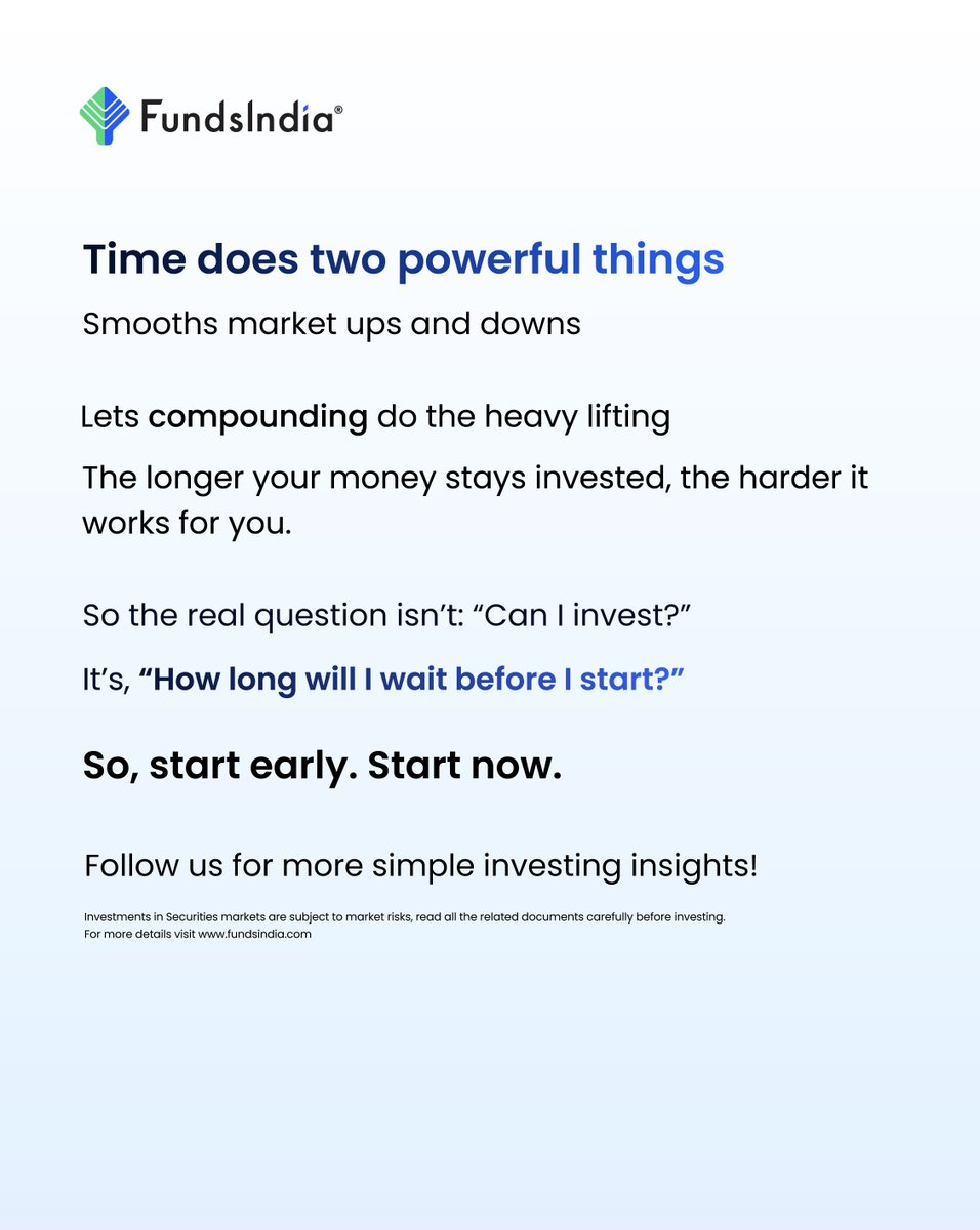 Why is everyone talking about investing early?🤔Does it really make that big a difference?

Let’s break it down and see why starting early can change the game.

Swipe to learn! 👇

#InvestEarly #SmartInvesting #WealthCreation   #LongTermInvesting #SIP  #Mutualfunds #FundsIndia